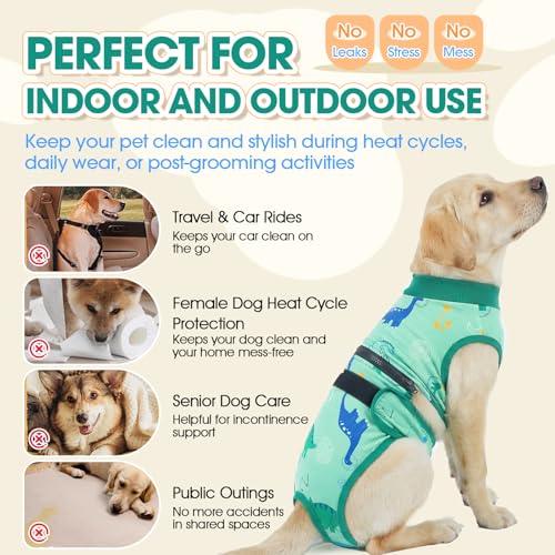 QBLEEV Dog Diapers Overalls, Escape Proof Full Body Female Male Dog Diapers with Suspenders, Reusable Washable Period Pants for in Heat Incontinence, 2-1Detachable Doggie Onesie with Tail Hole - color: Green, size: XS