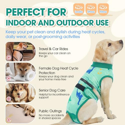 QBLEEV Dog Diapers Overalls, Escape Proof Full Body Female Male Dog Diapers with Suspenders, Reusable Washable Period Pants for in Heat Incontinence, 2-1Detachable Doggie Onesie with Tail Hole - color: Green, size: XS