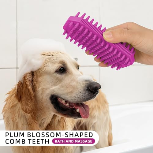 Rose Red 3-in-1 Double-Sided Dog Shampoo Brush Dog Washing Brush Massage Bath Brush for Dogs and Cats Remove Loose Hair Knots Gentle Pet Grooming Tool Deep Cleansing