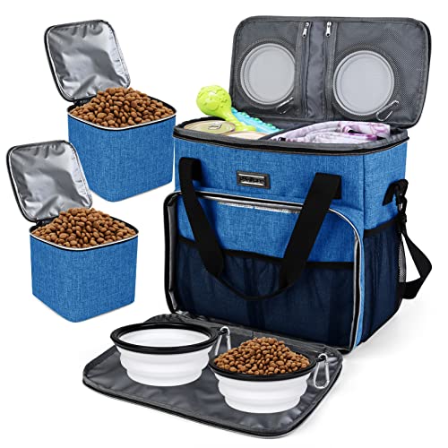 BAGLHER Dog Travel Bag, Pet Travel Bag (ALL Pet Travel Supplies), With 2 Pet Food Containers and 2 Collapsible Silicone Bowls; Essential Kits for Pet Travel Blue - color: Blue, size: Medium