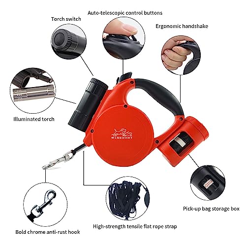360° Tangle-Free Retractable Dog Leash with Flashlight, Dispenser and Poop Bag Heavy-Duty Nylon Tape for Small, Medium Dogs and Cats One-Handed Brake and Lock, Red - color: red