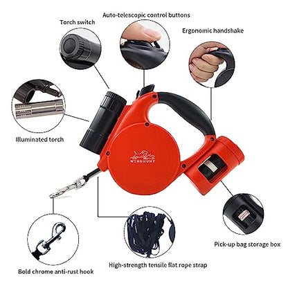 360° Tangle-Free Retractable Dog Leash with Flashlight, Dispenser and Poop Bag Heavy-Duty Nylon Tape for Small, Medium Dogs and Cats One-Handed Brake and Lock, Red - color: red