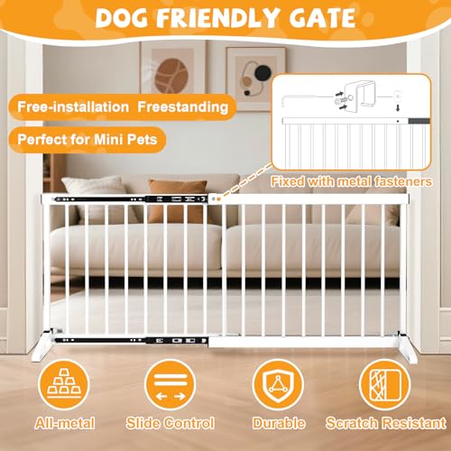 White Metal Dog Gate for Small Dogs - 17.7" Short Freestanding Puppy Gate with Retractable Sliding Rail, No Installation, Indoor/Outdoor Use, Foldable & Portable Pet Barrier