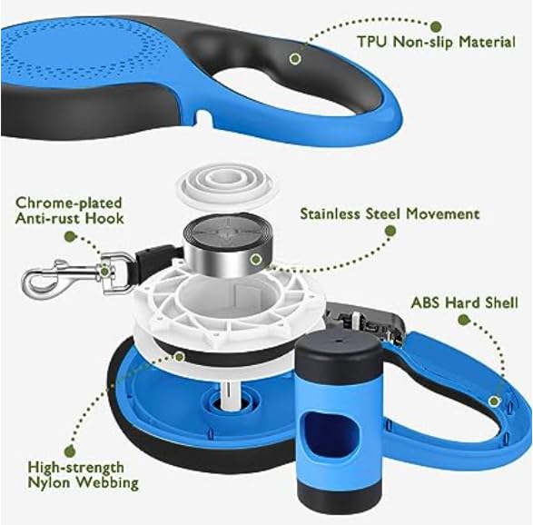 OUTnWILD Retractable Dog Leash - Retractable Dog Leash 16ft for Breeds Up to 66lbs. 360° Tangle Free Design with One Touch Quick-Lock Braking System&Anti-Slip Handle (Blue) - color: Blue