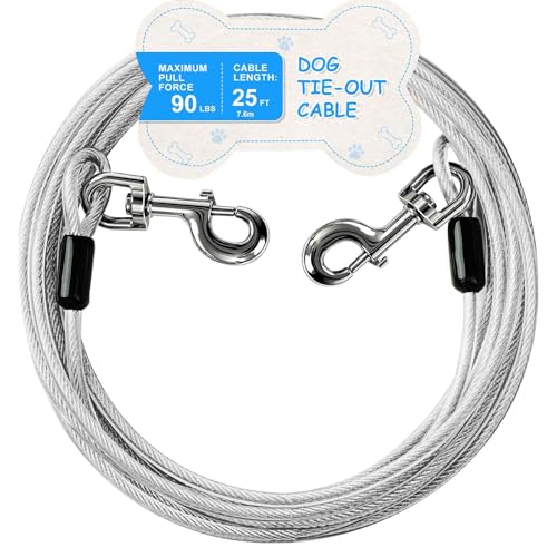 Tie Out Cable, 15/25/40/50 FT Runner Cable with Swivel Hook,Dog Leash Run Tether for Yard Outdoor and Camping,for Small to Medium Pets Up to 250 LBS（Silver） - color: New-Silver, size: 25Ft-90LBS