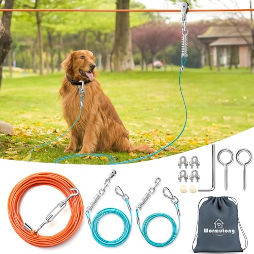 Upgraded Dog Runner for Yard, Heavy Duty Dog Trolley System with 10ft & 15ft Tie Out Cable (Orange+Aqua, 200ft Runner line+(10ft &15ft) tie Out Cable) - color: Orange+Aqua, size: 200ft runner line+(10ft &15ft) tie out cable