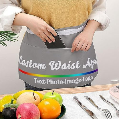 sophiehome Custom Waist Apron with Pockets Add Photo Logo Name Personalized Waiter Server Short Aprons for Kitchen - color: Gravel