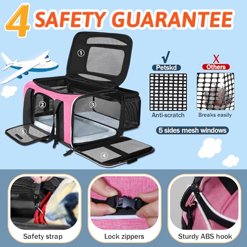 Petskd Top and Side Expandable Pet Carrier 18x11x11 Inches Delta United Airline Approved, Soft-Sided Carrier for Small Cats and Dogs with Locking Safety Zippers and Anti-Scratch Mesh(Pink) - color: Pink, size: 18.0"L x 11.0"W x 11.0"H