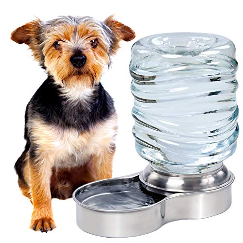 Dog Water Bowl Dispenser - Automatic Slow Refilling System Keeps Stainless Steel Drinking Dish Filled - Refillable 3 Liter Bottle, Non-Skid Feet - Clean, Safe, & Fresh Drink for Pet Dogs