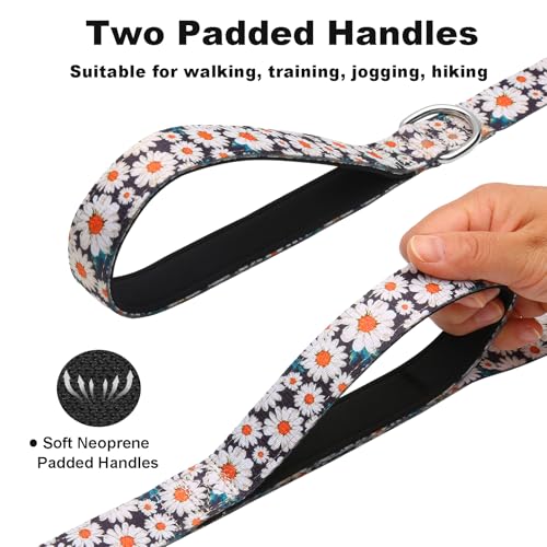6ft Dog Leash with Two Padded Handles, Heavy Duty Strong Nylon Pet Leash with Soft Neoprene Handle for Small Medium Large Dogs, Daisy - color: Daisy, size: 1 in x 6 ft