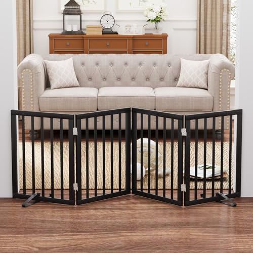 Black 37-74" Dog Gate Foldable Dog Gates for Doorways Stairs House Freestanding Pet Gate Puppy Barries 24 inches Tall - color: Bamboo Dog Gate Black, size: 4 Panel - 74 inches Wide