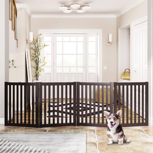 WELLAND 24" Freestanding Pet Gate, Foldable Wooden Dog Gate, 4 Panel Step Over Fence, Indoor Puppy Gate, Expands Up to 80" Wide, Espresso - color: Espresso, size: 4 Panel 80" Wide