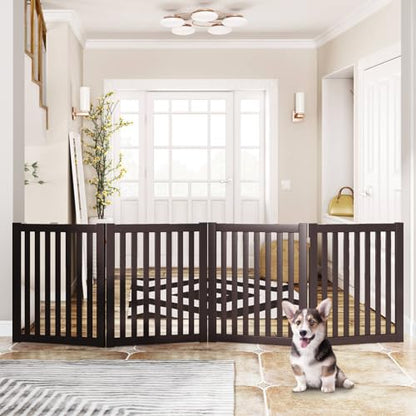 WELLAND 24" Freestanding Pet Gate, Foldable Wooden Dog Gate, 4 Panel Step Over Fence, Indoor Puppy Gate, Expands Up to 80" Wide, Espresso - color: Espresso, size: 4 Panel 80" Wide