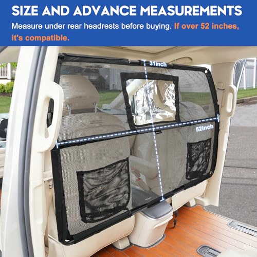 52" Dog Car Barrier for SUV, Wide Escape-Proof & Chew-Proof Dog Car Divider with Removable Visual Window & 2 Storage Pockets, Pet Net Gate for Behind Front Seats, Fits Sedans Cars Trucks