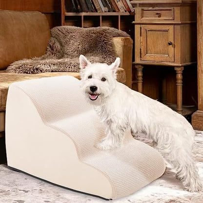 Dog Steps for Small Pets, Dog Stairs for High Beds and Couch, 16" 3-Step High Density Foam Pet Stairs for Dogs Injured, Older Dogs Cats, Pet with Joint Pain (Beige) - size: 3-Steps