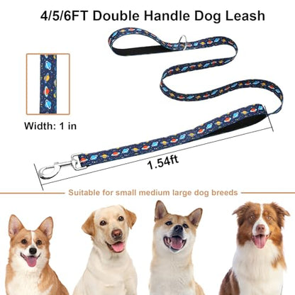 4ft Dog Leash with Two Padded Handles, Heavy Duty Strong Nylon Pet Leash with Soft Neoprene Handle for Small Medium Large Dogs, Blue Space - color: Blue Space, size: 1 in x 4 ft