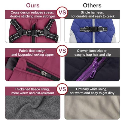 Dog Winter Coat, Warm Dog Jacket Reflective Adjustable Fleece Vest with Harness Built in, Windproof Pet Snow Jacket Snowsuit with Zipper for Small Medium Dogs, Purple XS - color: Purple, size: X-Small
