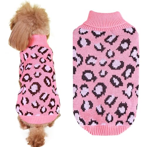 Leopard Knit Sweaters for Small Dogs, Pink Turtleneck Pullover for Pet, Puppies Cats Winter Sweater for Valentines Day Holiday - size: M ( Back 14'', Chest 13 '' )