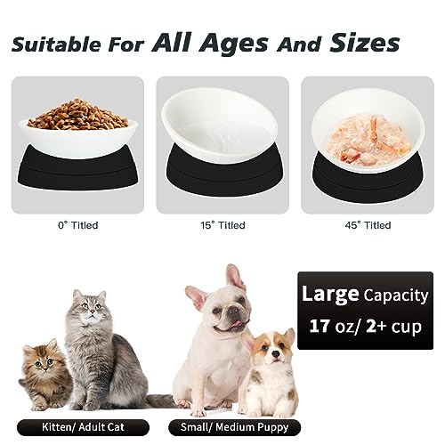 Elevated Cat Bowl, Adjustable Raised Slanted Food Bowl for Cats and Small Dogs, Wide Shallow PP Dish with TPR Non Slip Base, Whisker Friendly, 17 oz - color: Milky White, Black