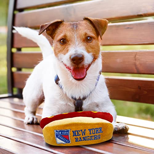 Pets First NHL New York Rangers HOT Dog Plush Dog & CAT Squeak Toy - Cutest HOT-Dog Snack Plush Toy for Dogs & Cats with Inner Squeaker & Beautiful Hockey Team Name/Logo 8 x 5 x 3 Inches - color: New York Rangers, style: NHL Hot Dog Toy