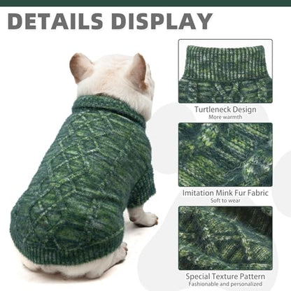KOOLTAIL Small Dog Sweater, XS Green Fuzzy Thick Super Soft Warm Dog Christmas Sweater Turtleneck Pullover for Cold Weather, Classic Cable Knitwear, Fleece Pet Fall Winter Clothes Coats Puppy Cats - color: Green, size: X-Small