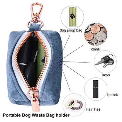 ARING PET Velvet Dog Waste Bag Dispenser, Cute Blue Doggy Poop Bags Holders Attach to Any Leashes, Portable Washable Pet Waste Pouch Dispenser with Metal Zipper - color: A:blue