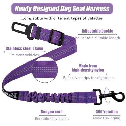 IBWell Dog Seat Belt,3 Piece Set Retractable Dog Car Harness Adjustable Dog Seat Belt for Vehicle Nylon Pet Safety Seat Belts Heavy Duty & Elastic (Black & Purple) - color: Black & Purple