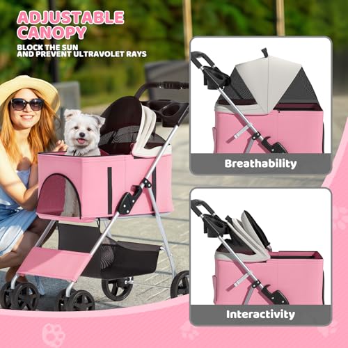 Magshion Foldable Pet Stroller, 3-in-1 Dog Travel Jogger with Detachable Carrier, Cup Holder, Storage Basket, Folding Carrier for Small/Medium Dogs & Cats Up to 33 lbs, Pink - color: Pink, style: Up to 33 lbs