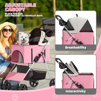 Magshion Foldable Pet Stroller, 3-in-1 Dog Travel Jogger with Detachable Carrier, Cup Holder, Storage Basket, Folding Carrier for Small/Medium Dogs & Cats Up to 33 lbs, Pink - color: Pink, style: Up to 33 lbs