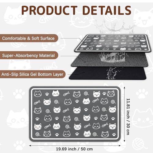 Dog Food Mat for Bowls, Absorbent Quick Dry Dog Cat Mats for Food and Water, Non-Slip Backing Pet Mat Pet Supplies - Cute Cat Pattern - color: Cat1