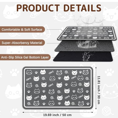 Dog Food Mat for Bowls, Absorbent Quick Dry Dog Cat Mats for Food and Water, Non-Slip Backing Pet Mat Pet Supplies - Cute Cat Pattern - color: Cat1