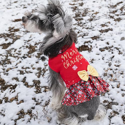 CuteBone Christmas Dog Sweater Dress Turtleneck Puppy Sweater with Bowtie Leash Hole Pullover Winter Dress for Small Dogs - color: Merry Christmas 1, size: X-Small