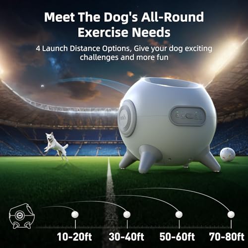 uahpet Automatic Ball Launcher for Dogs with Obstacle Detection, 20ft-80ft Adjustable Distances Ball Thrower Launcher for Medium & Large Dogs, with 4 Balls (2.5 inches)