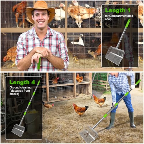 12inch Large Chicken Poop Scooper, 2 Widths of Slots Chicken Coop Litter Scoop with Stainless Steel Handle - 23" to 66", 4 in 1 Litter Sifting Shovel，Heavy Duty Chicken Coop Accessories