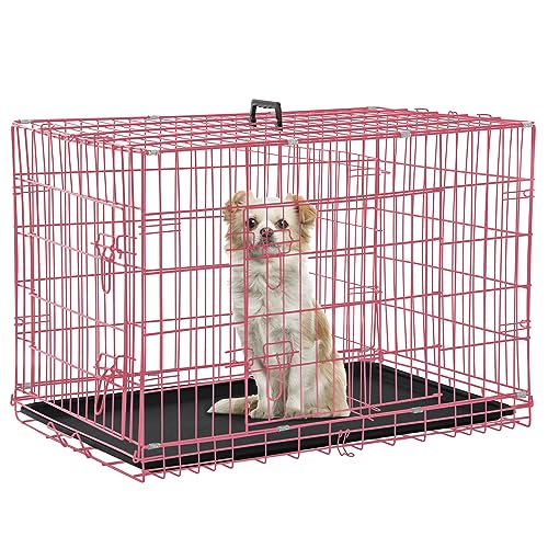 Dog Crate Dog Kennel Cage for Small Dogs, 24" Portable Foldable Indoor Outdoor Large Double Door Wire Metal Puppy Cat Pet Dog Cage with ABS Tray LC & Divider, Pink - color: Pink, size: 23.0"L x 16.5"W x 19.0"H