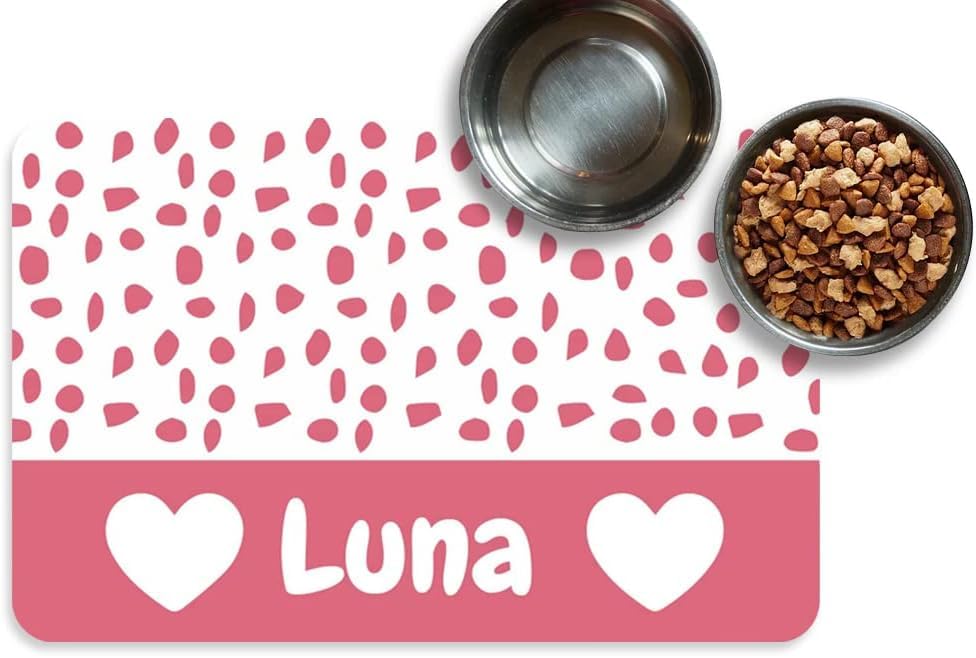 Personalized Dog & Cat Food Mat with Name Waterproof PU Pet Bowl Mat Non-Slip Rubber Bottom Easy Clean Available in(24"×16", 30"×20", 36"×24") | Pet Feeding Mat for Food & Water (Pink Love) - color: Pink love