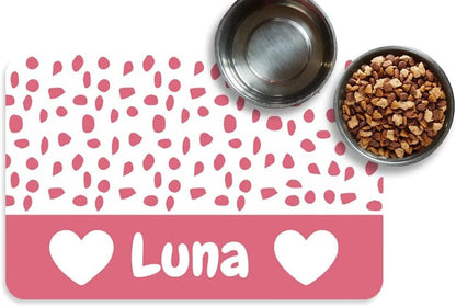 Personalized Dog & Cat Food Mat with Name Waterproof PU Pet Bowl Mat Non-Slip Rubber Bottom Easy Clean Available in(24"×16", 30"×20", 36"×24") | Pet Feeding Mat for Food & Water (Pink Love) - color: Pink love
