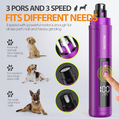 Dog Nail Grinder Upgraded - Professional 3-Speed Super Quiet and Low Vibration Electric Pet Nail Grinder with 4 LED Lights - Painless Paws Grooming & Smoothing for Small to Large Dogs (Purple) - color: Purple