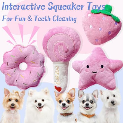 Small Dog Toys, Pink Puppy Toys, 4 Packs Dog Chew Toys for Fun | Dog Squeaky Toys, Plush Small Dog Toys for Dogs