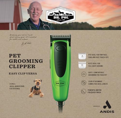 Andis Dr. Pol Easy Clip Versa Clipper Kit - Complete Grooming Solution with Detachable Blades, Attachment Combs, Nail Clipper & More for Safe, Efficient Grooming of All Dog Types, Green, 561121