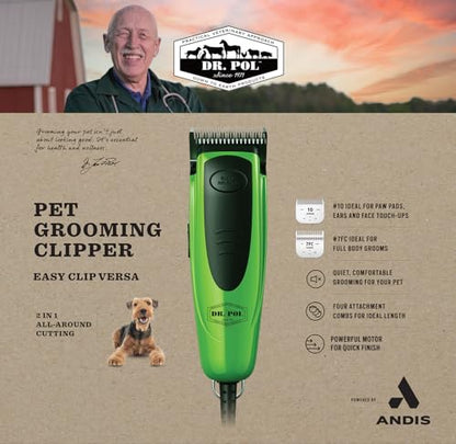 Andis Dr. Pol Easy Clip Versa Clipper Kit - Complete Grooming Solution with Detachable Blades, Attachment Combs, Nail Clipper & More for Safe, Efficient Grooming of All Dog Types, Green, 561121