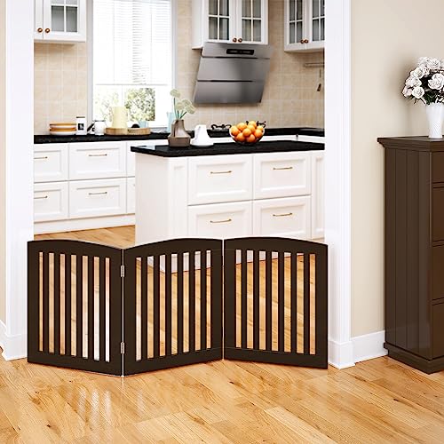 PAWLAND Wooden Freestanding Foldable Pet Gate for Dogs, 24 inch 3 Panels Step Over Fence, Dog Gate for The House, Doorway, Stairs, Extra Wide (Espresso, 24" Height-3 Panels) - color: Espresso, size: 24" Height-3 Panel