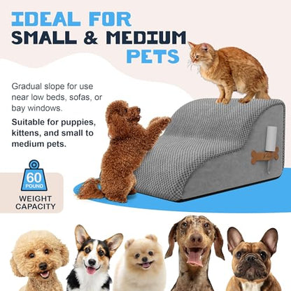 PAWZY Dog Stairs for Bed & Couch, 2-Step Foam Pet Steps 12” High for Small Dogs & Cats up to 60 lbs, Wide Non-Slip Stairs, Waterproof Washable Zipper Cover, No Assembly, Grey - 2 Pack - size: 2 Step