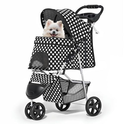 MoNiBloom 3 Wheels Pet Dog Cat Stroller for Small Medium Dogs Cats, Foldable Jogger Stroller w/Storage Basket and Cup Holder, Black Polka Dots - color: Black Polka Dots