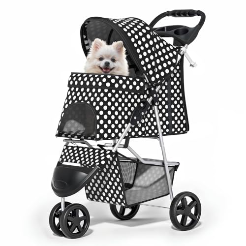 MoNiBloom 3 Wheels Pet Dog Cat Stroller for Small Medium Dogs Cats, Foldable Jogger Stroller w/Storage Basket and Cup Holder, Black Polka Dots - color: Black Polka Dots