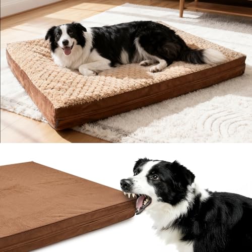Sytopia 42" Indestructible Dog Bed for Extra Large Dogs – Chew-Proof Pet Mat with Double-Sided Plush & Waterproof Liner, Tough Crate Mat with Egg-Crate Foam Support, Indoor & Outdoor Use, Brown - color: Brown, size: X-Large