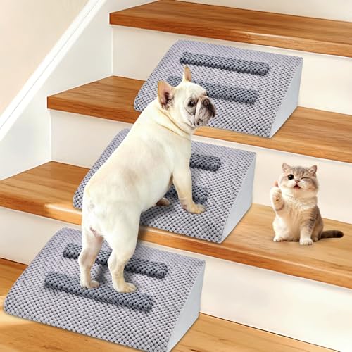 Dog Ramp for Stairs with Anti-Slip Bump for Small & Senior Dogs and Cats – Stair Wedges for Dogs with Gentle Slope, Pet Ramp with Washable Cover & Self-Sticky Pads for Safe Climbing (Gray, 3 Pack) - size: Gray 3-Pack