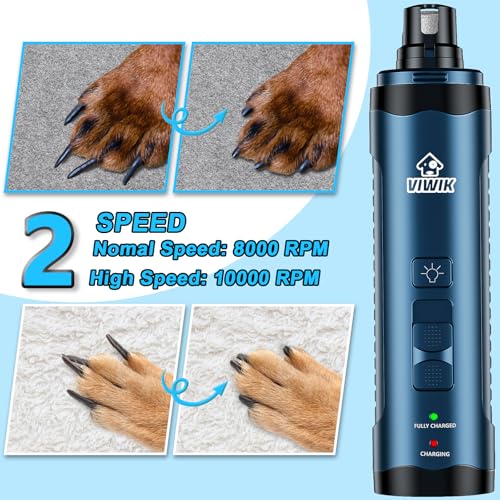 VIWIK Dog Nail Grinder, Dog Nail Trimmers with LED Lights, Pet Nail Clippers Kit for Large Medium Small Dogs & Cats, 2-Speed Quiet Electric USB Rechargeable Pet Paws Grooming Tool Blue - color: Blue+Blue