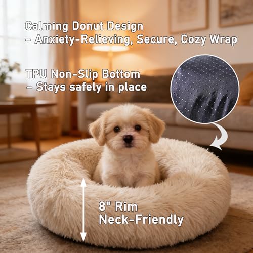 Calming Donut Dog Bed Medium Size Dog - Washable Removable Cover Non-Slip Bottom, Round Pet Bed Cat Bed Warming Fluffy Plush Faux Fur Anti-Anxiety, Fits up to 45 lbs (Beige, 30") - color: Beige, size: 30"L x 30"W x 8"Th