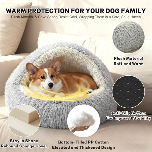 YUDANSI Calming Small Dog Bed & Indoor Cat Bed - Plush Fluffy Hooded Cave Nest, Anti-Slip Self-Warming, Removable Washable Zipper Cover, Built-in No-Collapsing Support (Grey-65cm/26in) - color: Grey-65cm
